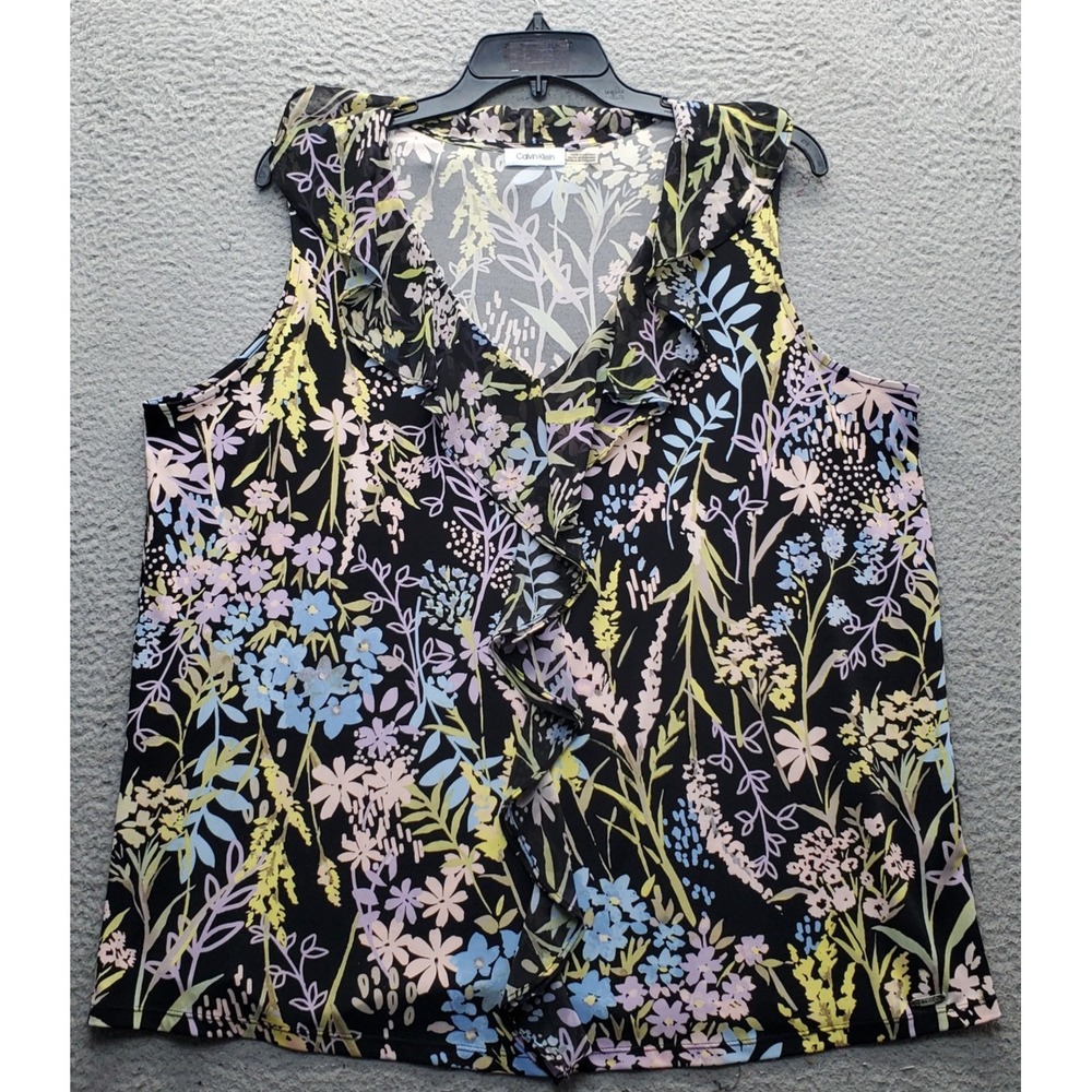 Calvin Klein Blouse Top Women XL Multicolor Floral Sleeveless Ruffle Front